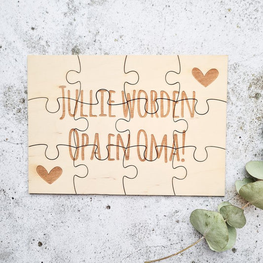 Houten Opa en Oma Aankondiging Puzzel - 12 Stukjes A5 Formaat