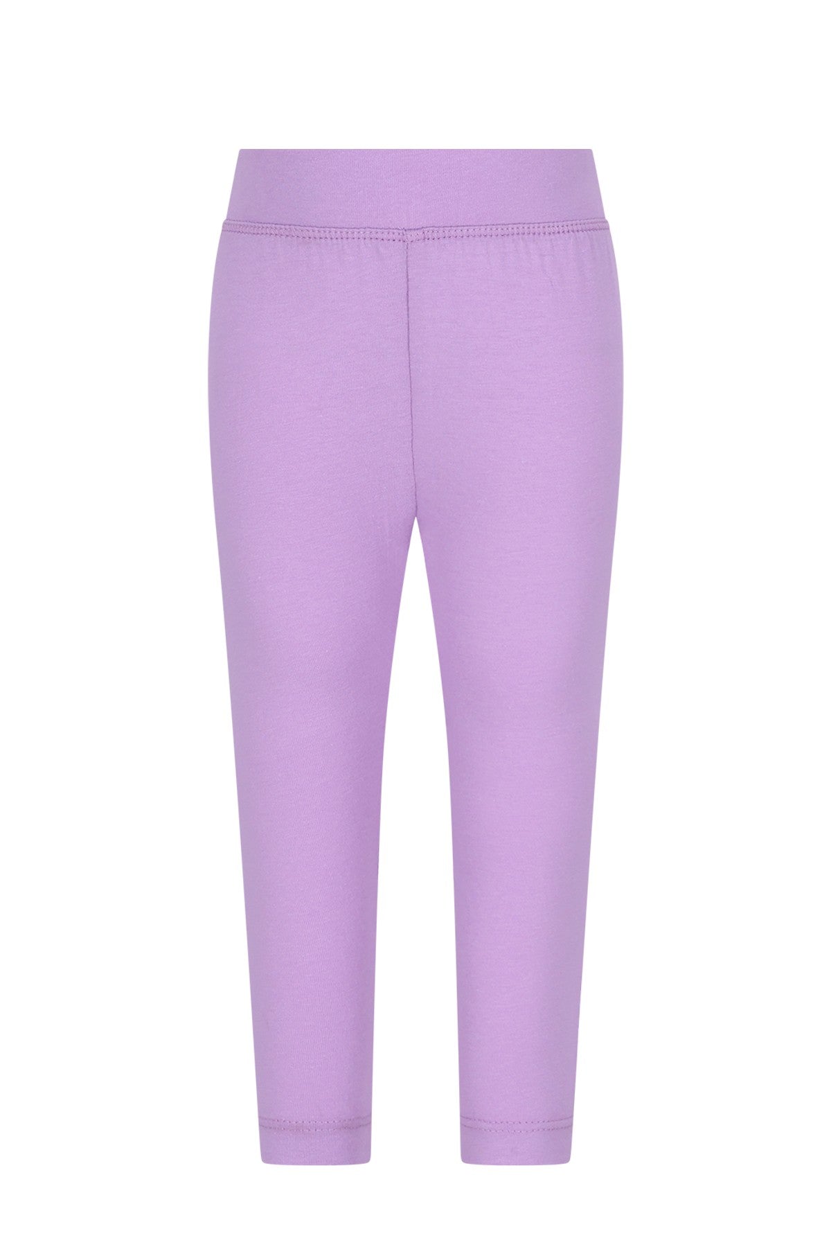 Een paar lila leggings voor kinderen, uitgevoerd in zacht katoen met een elastische tailleband.
