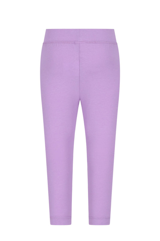 Achteraanzicht van lila leggings voor kinderen, gemaakt van zachte katoenmix.