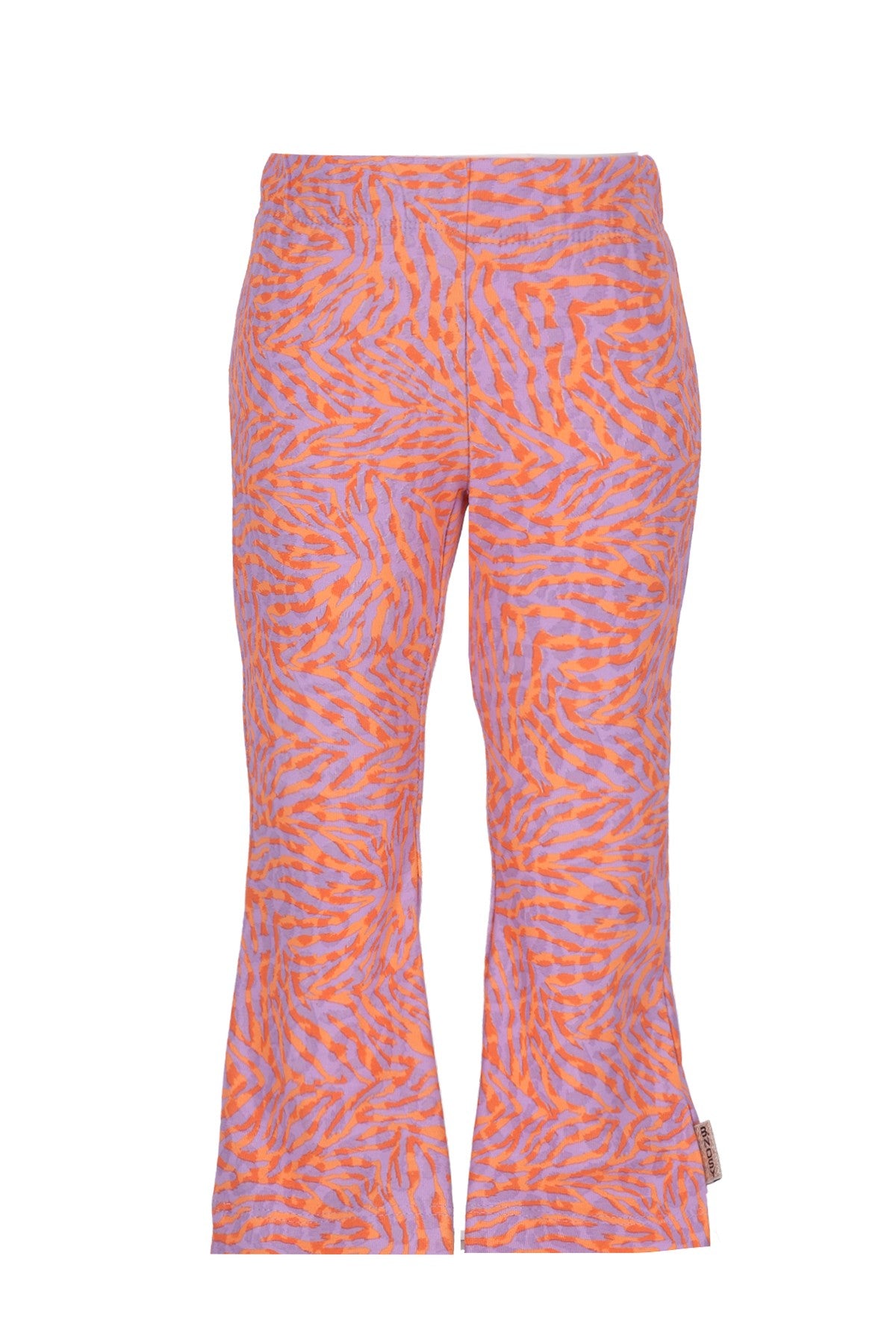 Pantalon in paars en oranje met een speels zebra-achtig patroon, geschikt voor casual en modieuze outfits.