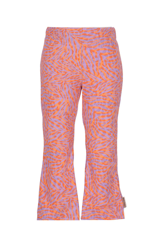 Pantalon in paars en oranje met een speels zebra-achtig patroon, geschikt voor casual en modieuze outfits.