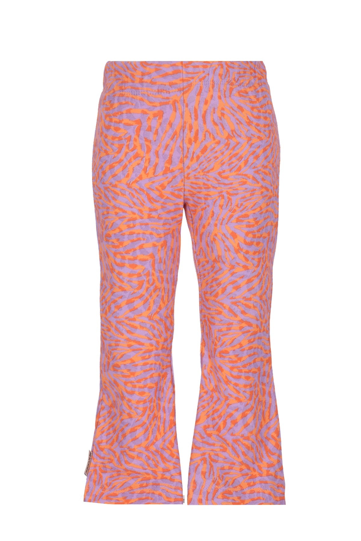 Kleurige flared broek in paars en oranje met een dierenprintpatroon.