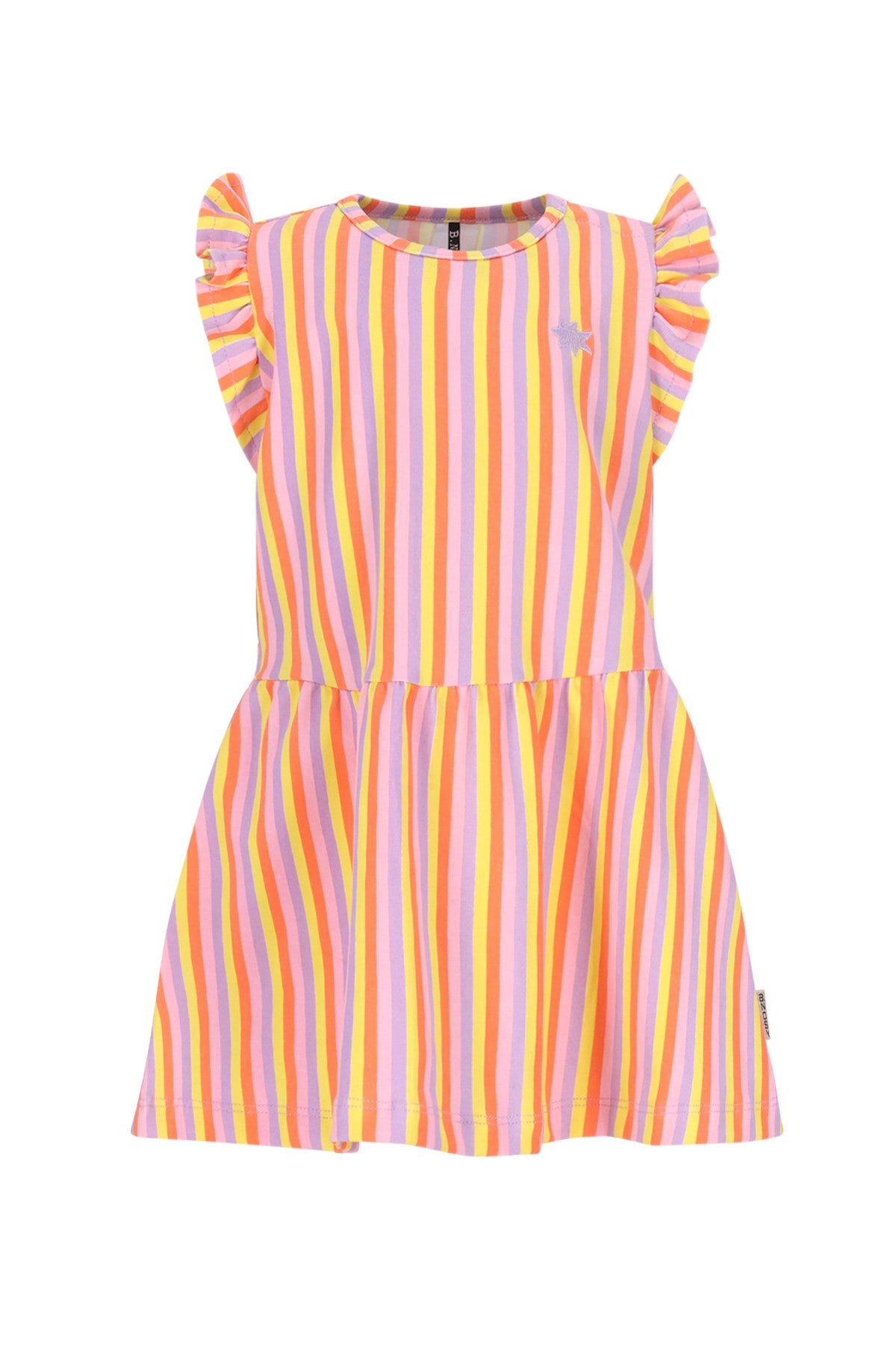 Een vrolijk gestreepte jurk voor meisjes in pastelkleuren, met schattige ruches aan de schouders.